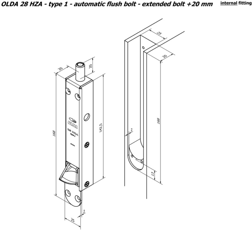Olda automatische kantschuif type 28 voor houten deuren verlengde schoot +20 mm type 1 staal verzinkt - Afbeelding 2