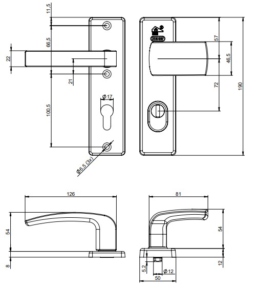 Nemef veiligheidsbeslag PC72 kortschild knop/kruk 3405-II met kerntrek beveiliging SKG3 aluminium F1 - Afbeelding 2