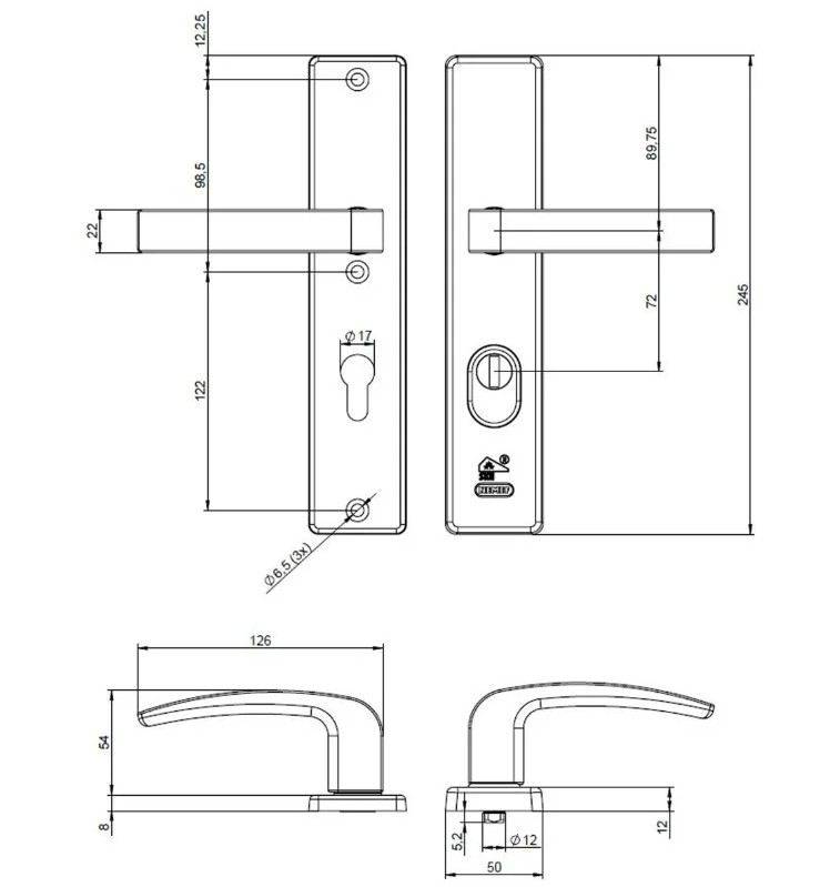 Nemef veiligheidsbeslag PC72 langschild kruk/kruk 3417-II met kerntrek beveiliging SKG3 aluminium zwart - Afbeelding 2