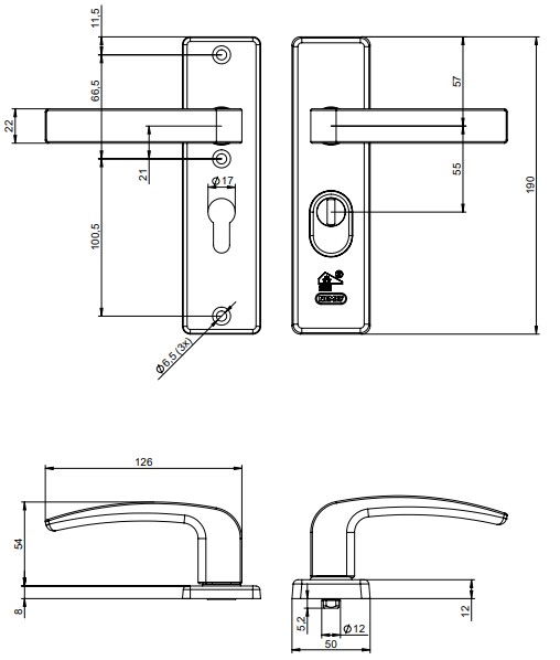 Nemef veiligheidsbeslag PC55 kortschild kruk/kruk 3407-II met kerntrek beveiliging SKG3 aluminium zwart - Afbeelding 2
