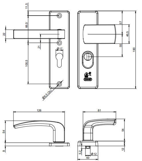 Nemef veiligheidsbeslag PC55 kortschild knop/kruk 3405-II met kerntrek beveiliging SKG3 aluminium zwart - Afbeelding 2