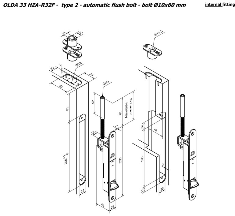 Olda automatische kantschuif type 33 voor stalen/aluminium/houten deuren schoot Ø10mm lengte 60 mm type 2 staal verzinkt - Afbeelding 2