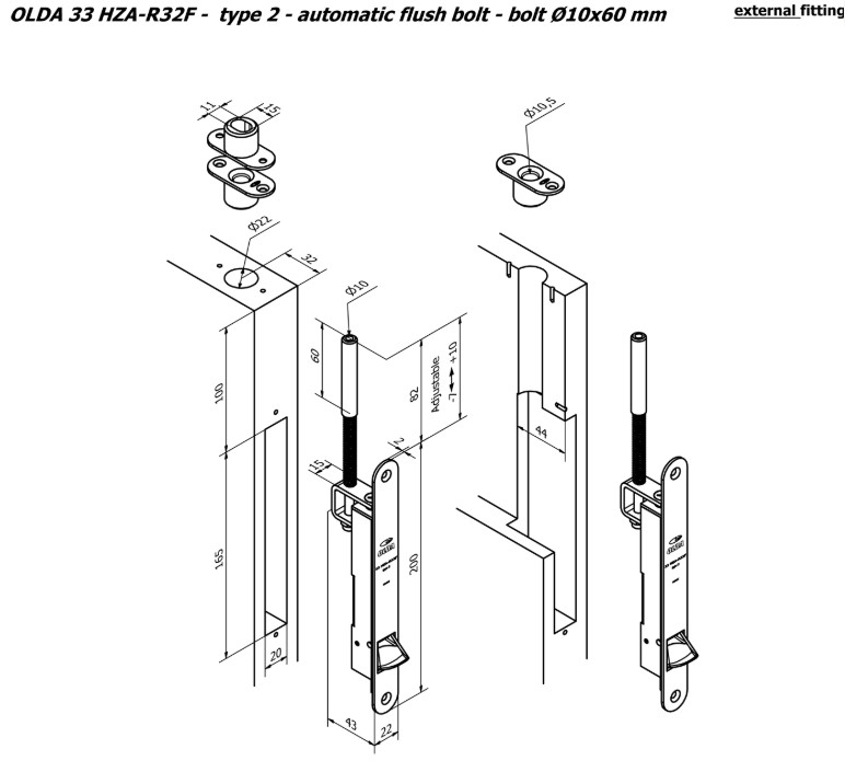 Olda automatische kantschuif type 33 voor stalen/aluminium/houten deuren schoot Ø10mm lengte 60 mm type 2 staal verzinkt - Afbeelding 3