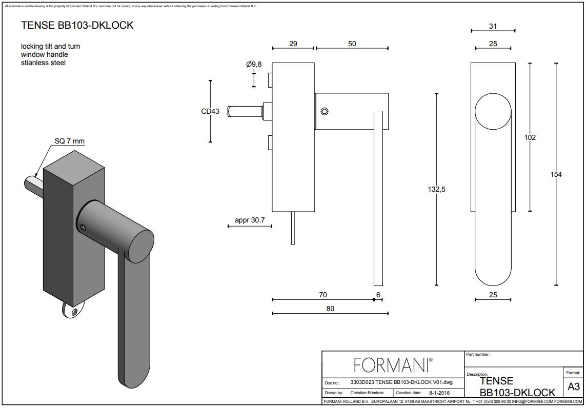 Draaikiepgarnituur TENSE BB103-DKLOCK rechts brons - Afbeelding 2